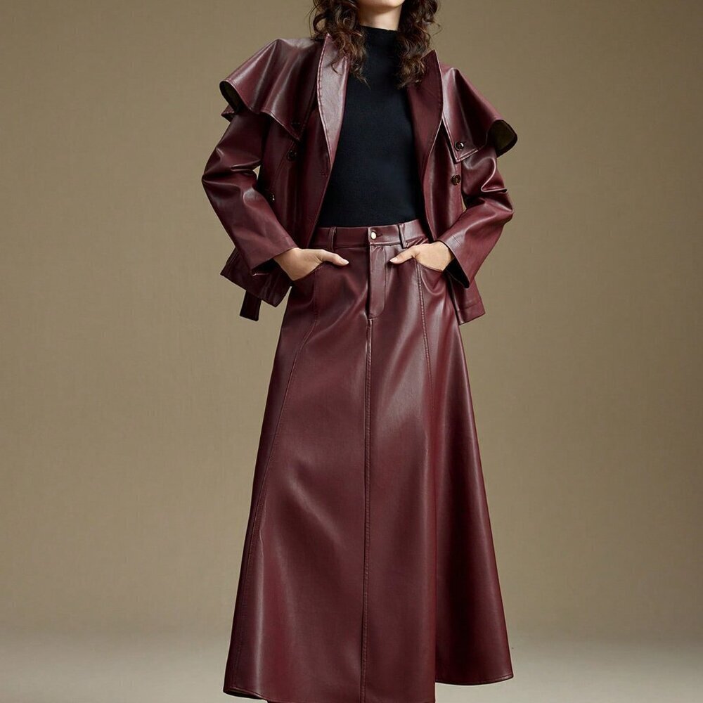 Burgundy Preppy Women's Detachable Shawl Coat with Chic Lapel & Cape